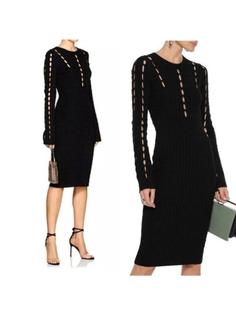 Narciso Rodriguez Black Cutout Rib-Knit Fitted Pencil Sheath Dress